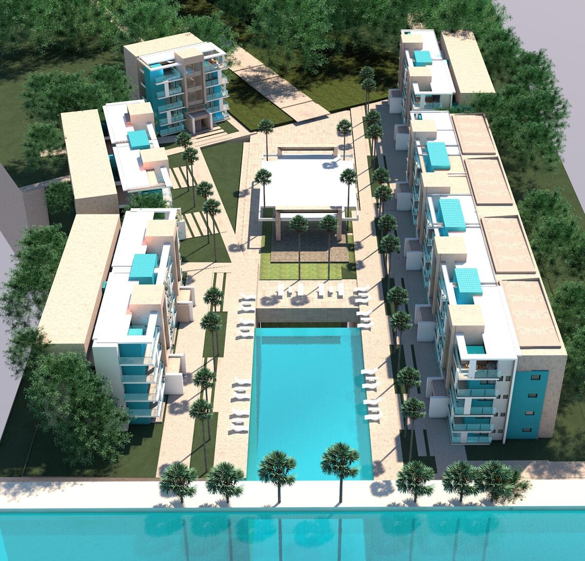 Render: vista aérea de la distribución de los bloques, la piscina central y las áreas comunes de Turquesa Bay