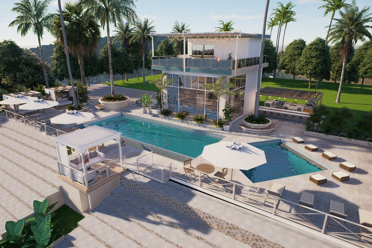 Render: piscina y áreas comunes de Turquesa Bay frente a la bahía de Samaná