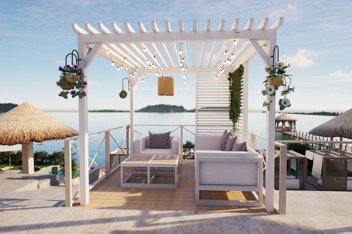 Render: pérgola frente al mar con gazebos de paja en Turquesa Bay