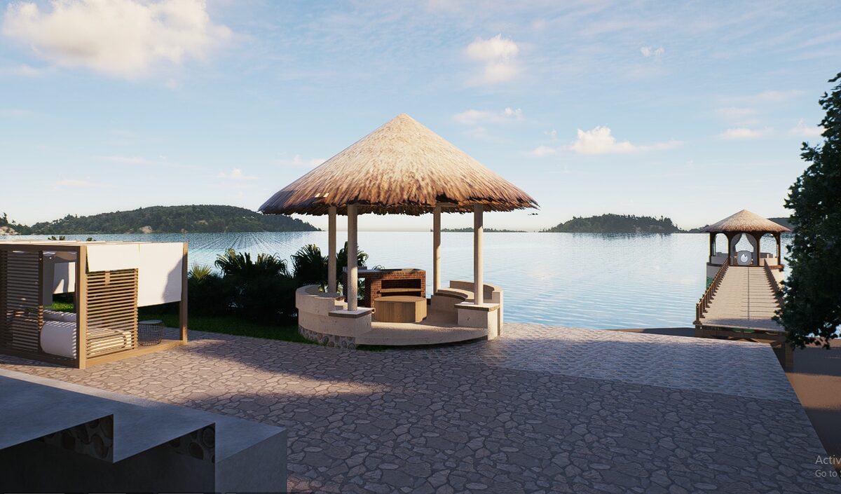 Render: gazebo en la playa de Turquesa Bay con el muelle del proyecto al fondo