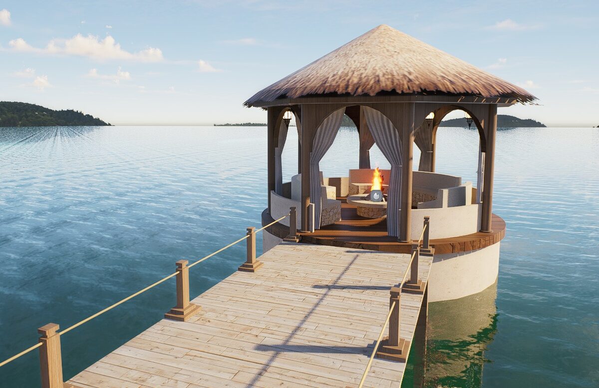 Render: gazebo sobre el muelle privado de Turquesa Bay en la bahía de Samaná